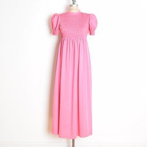 vintage 70s dress pink smocked puff sleeve babydoll kinderwhore lolita maxi S